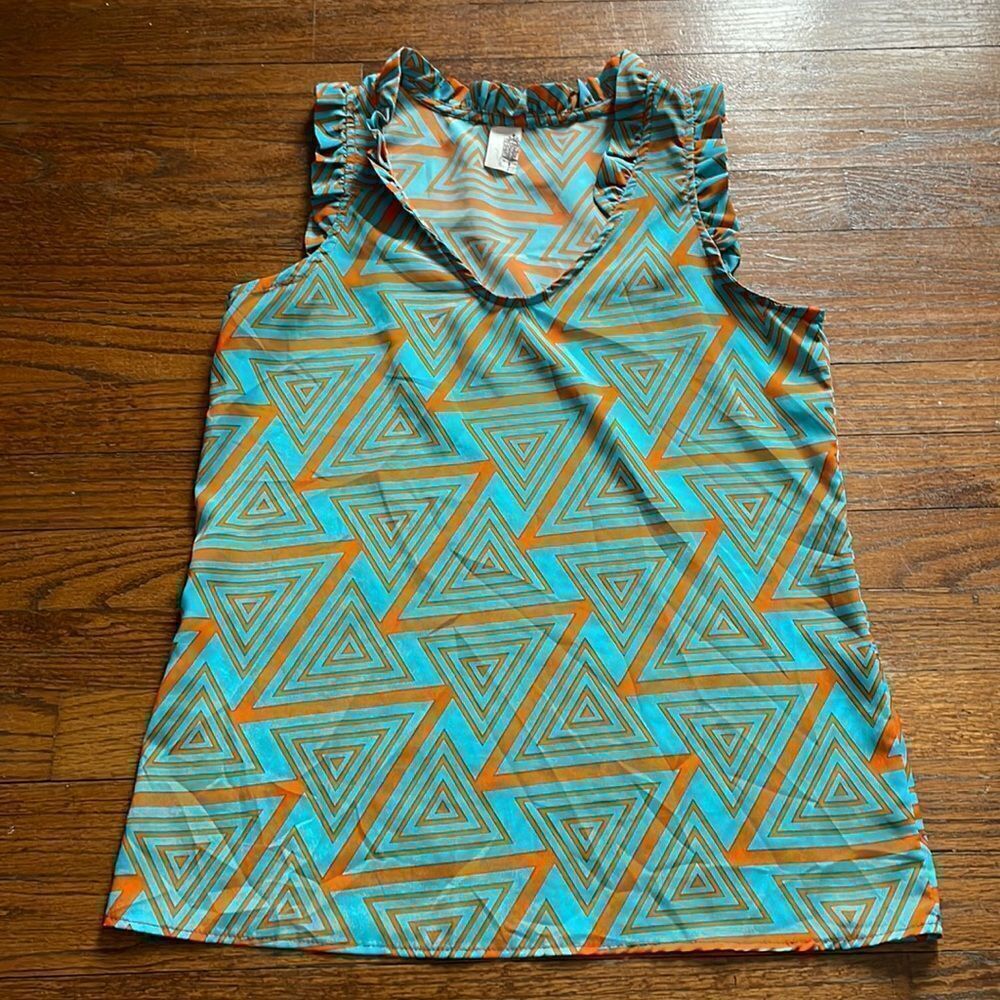 Anthropologie Lili’s Closet Teal and Orange Geometric Ruffle Tank Top
